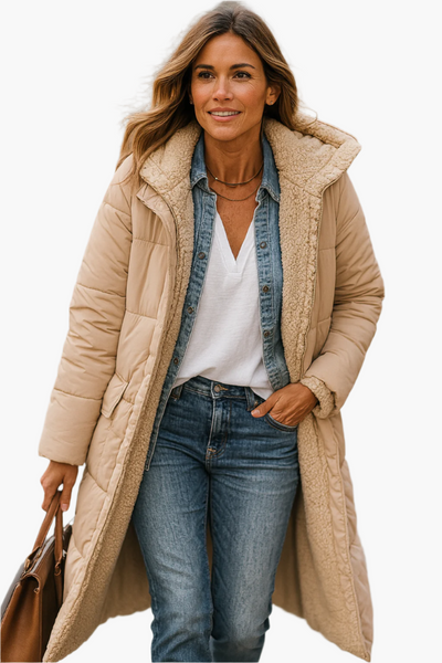 Angela | Warme lange dames winterpufferjas met capuchon