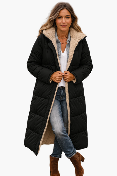 Angela | Warme lange dames winterpufferjas met capuchon