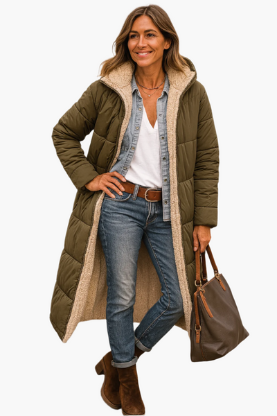 Angela | Warme lange dames winterpufferjas met capuchon
