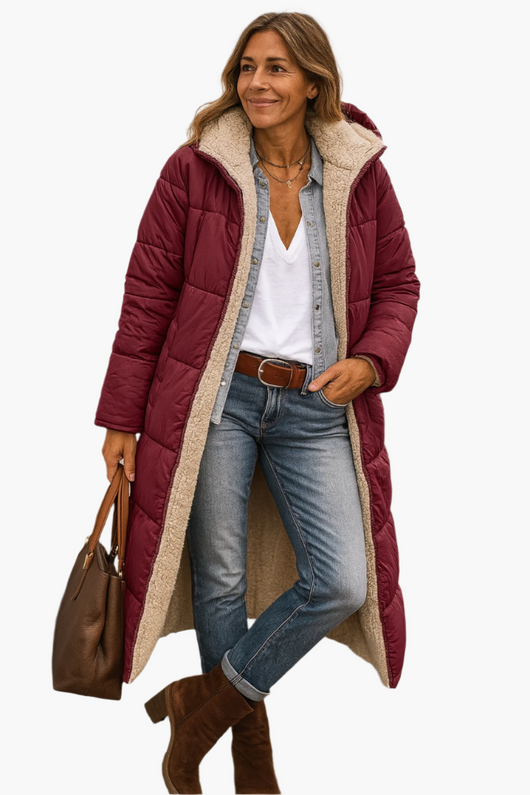 Angela | Warme lange dames winterpufferjas met capuchon