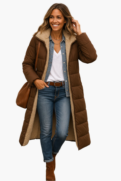Angela | Warme lange dames winterpufferjas met capuchon