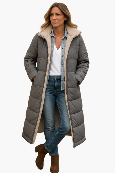 Angela | Warme lange dames winterpufferjas met capuchon