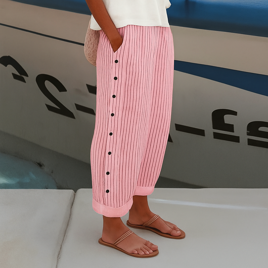 Julia | Dames gestreepte casual broek met knoopdetails