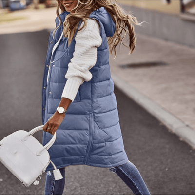 Daniela | Lange gewatteerde dames bodywarmer met capuchon