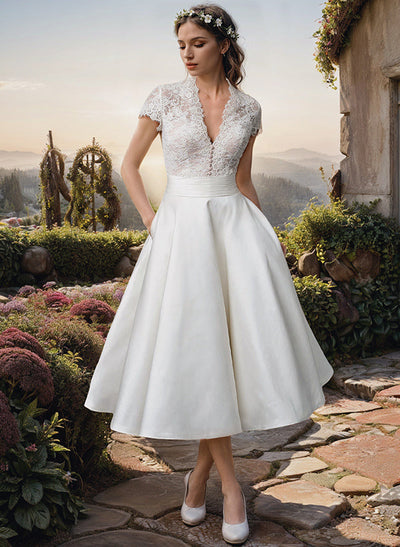Carmen | Dames midi trouwjurk met kanten top en V-hals