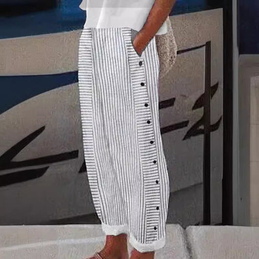 Sera gestreepte broek met knoopdetail