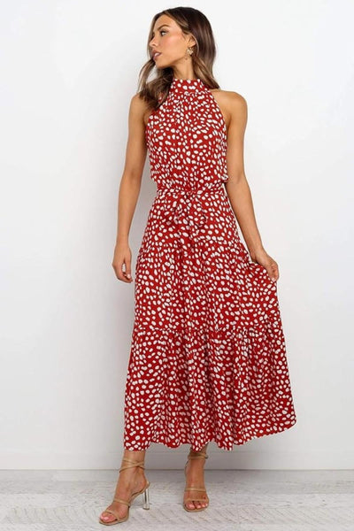 Karin | Dames maxijurk met print, halterhals en taillestrik