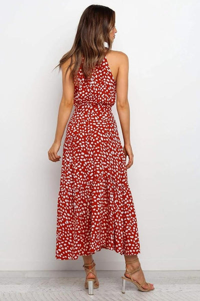 Karin | Dames maxijurk met print, halterhals en taillestrik