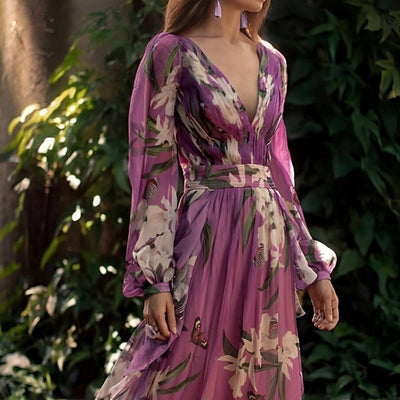 Johanna | Comfortabele dames maxijurk met bloemenprint en V-hals