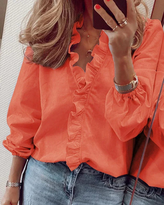 Katharina | Elegante dames wikkelblouse met ruchebies