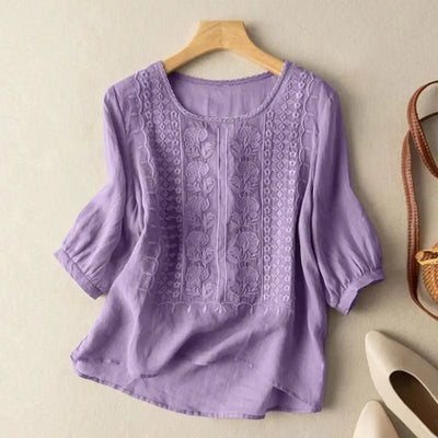 Jessica | Dames geborduurde blouse met ronde hals