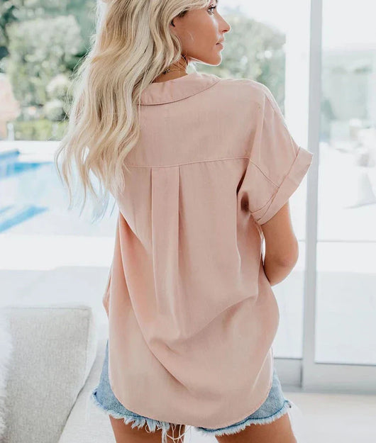 Edith | Dames blouse met korte mouwen, knoopsluiting, kraag en borstzak