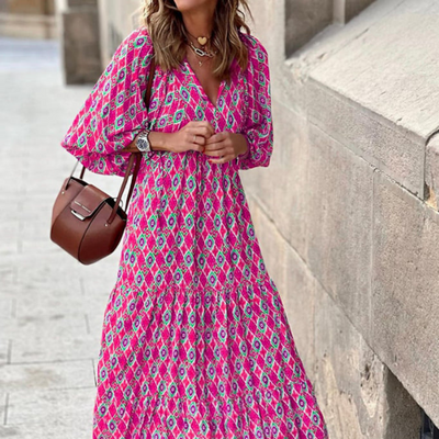 Flora | Boho maxijurk met print, pofmouwen en V-hals