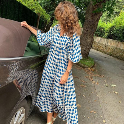 Flora | Boho maxijurk met print, pofmouwen en V-hals