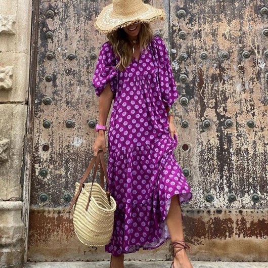 Flora | Boho maxijurk met print, pofmouwen en V-hals