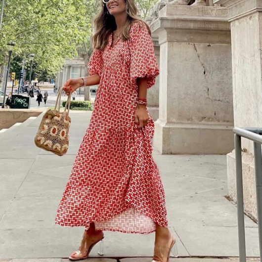 Flora | Boho maxijurk met print, pofmouwen en V-hals