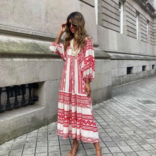 Flora | Boho maxijurk met print, pofmouwen en V-hals