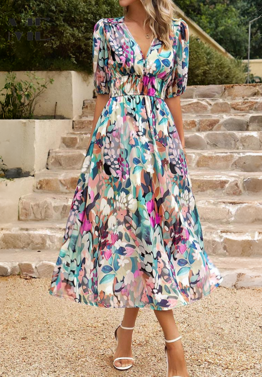 Doris | Dames wikkelmidijurk met abstracte print