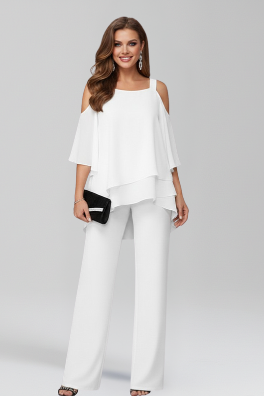 Jana | Vloeiende dames jumpsuit met cold shoulder en wijde pijp