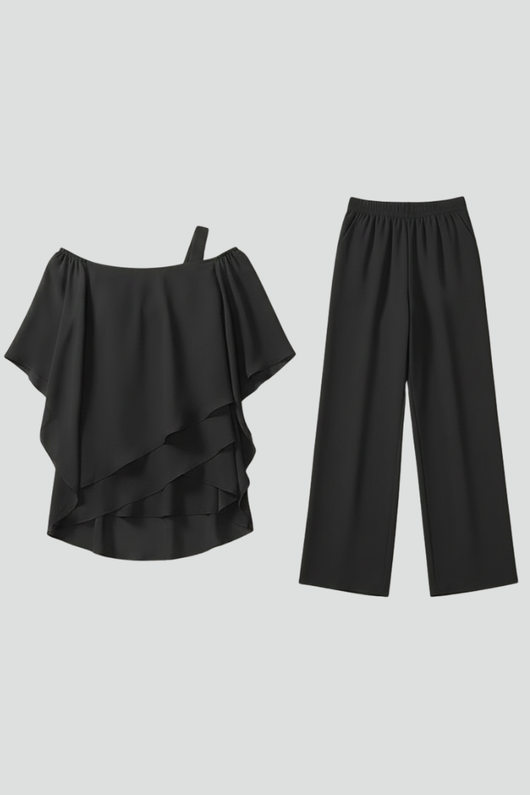 Isabella | Vloeiende dames set met off-shoulder top en wijde broek