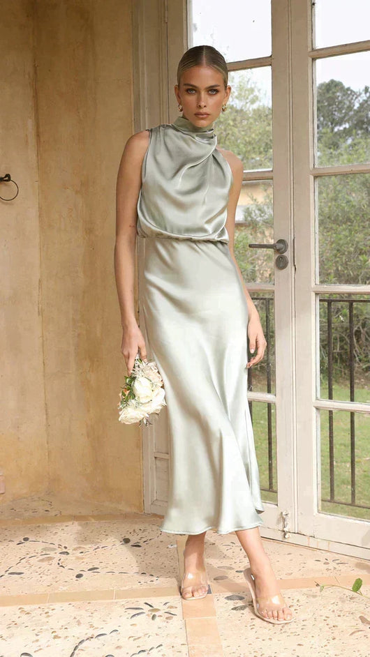 Elisa | Elegante dames midijurk met halterhals en gedrapeerde halslijn