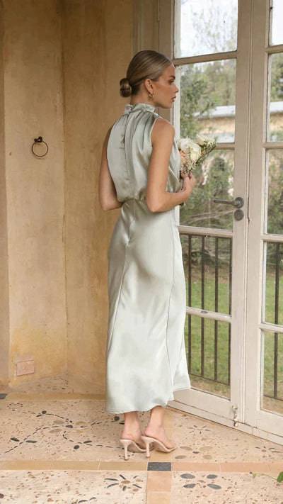 Elisa | Elegante dames midijurk met halterhals en gedrapeerde halslijn