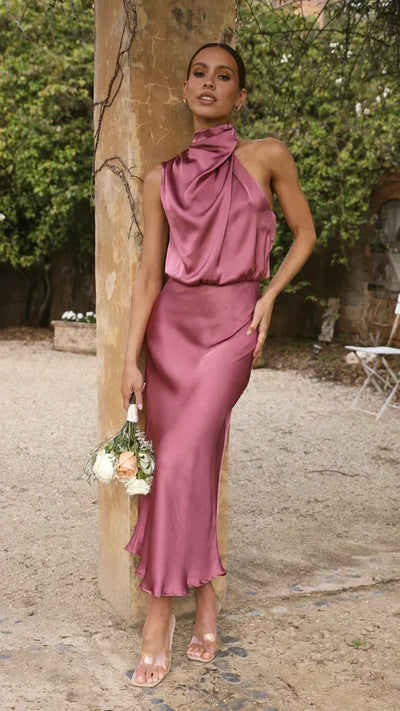 Elisa | Elegante dames midijurk met halterhals en gedrapeerde halslijn