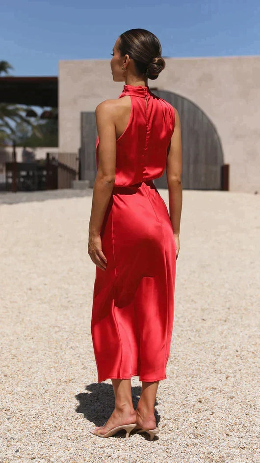 Elisa | Elegante dames midijurk met halterhals en gedrapeerde halslijn