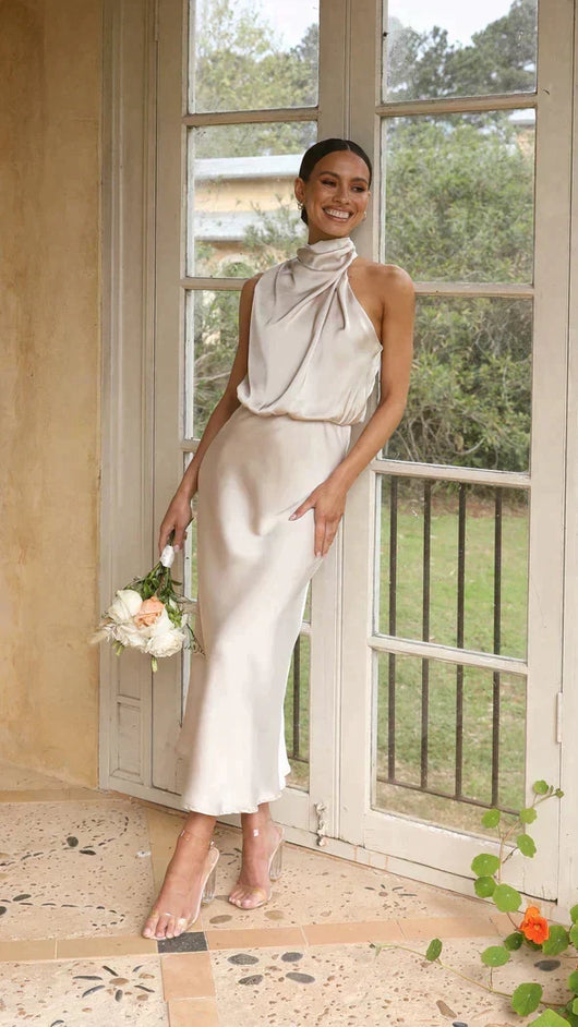 Elisa | Elegante dames midijurk met halterhals en gedrapeerde halslijn