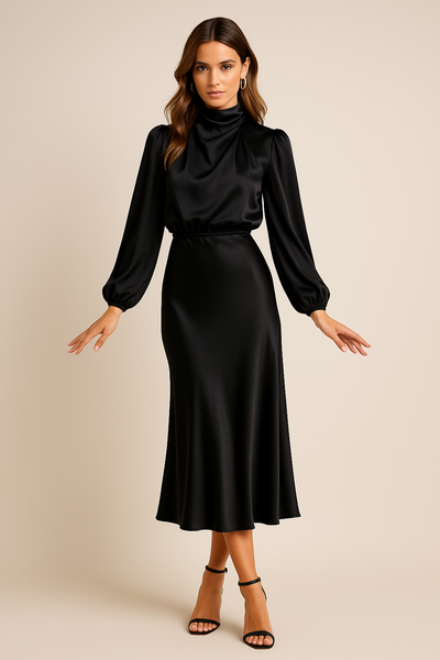 Monika | Dames midijurk met lange mouwen en hoge hals