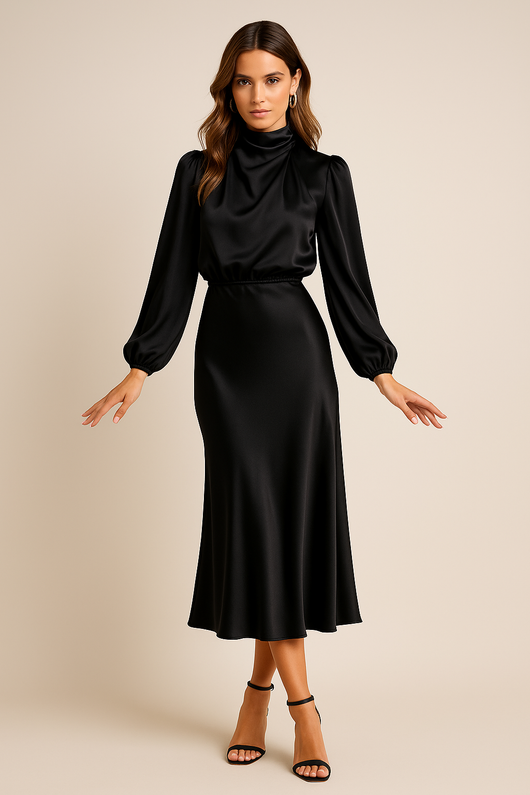 Monika | Dames midijurk met lange mouwen en hoge hals
