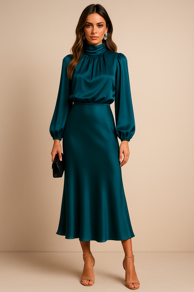 Monika | Dames midijurk met lange mouwen en hoge hals