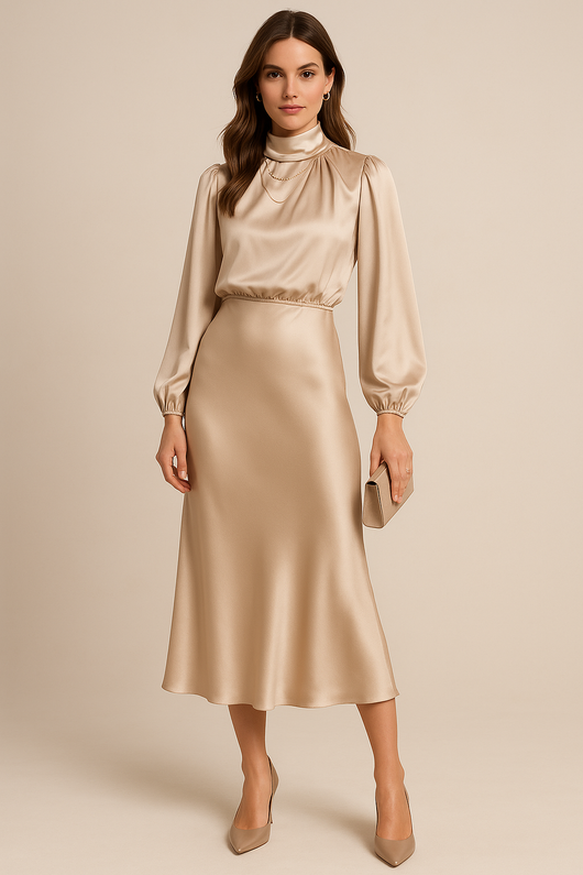 Monika | Dames midijurk met lange mouwen en hoge hals