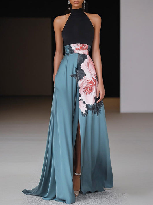 Angela | Chique zwarte mouwloze dames maxijurk met bloemenprint en split