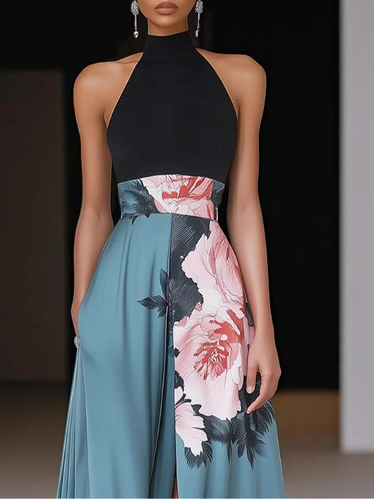 Angela | Chique zwarte mouwloze dames maxijurk met bloemenprint en split