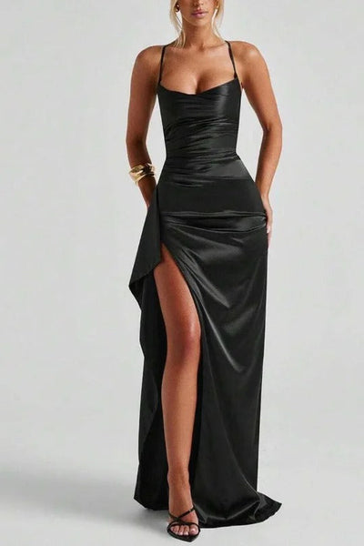 Mia | Dames satijnen bodycon maxijurk met sweetheart-hals, drapering en split