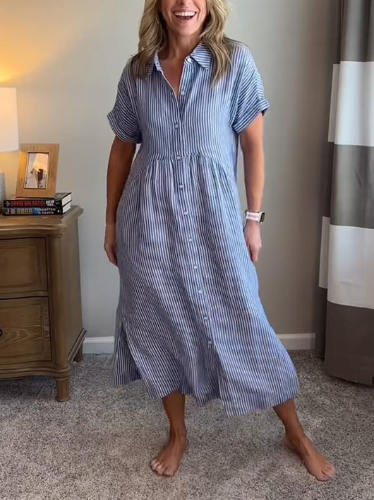 Greta | Dames gestreepte midi-jurk met knoopsluiting