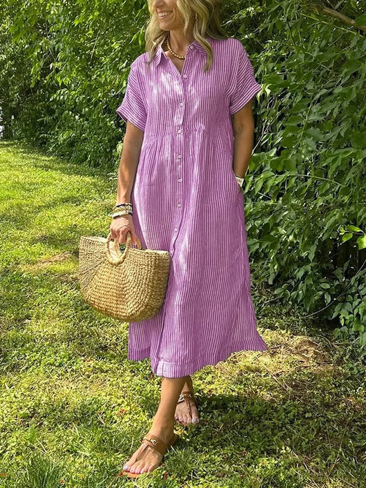 Greta | Dames gestreepte midi-jurk met knoopsluiting