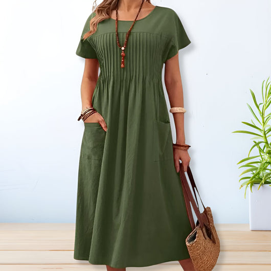 Laura | Dames plissé midi-jurk met korte mouwen