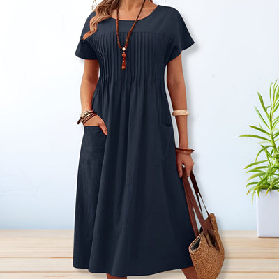 Laura | Dames plissé midi-jurk met korte mouwen