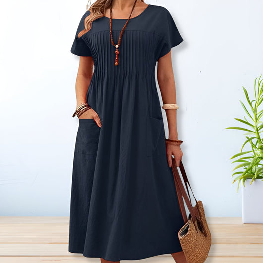 Laura | Dames plissé midi-jurk met korte mouwen
