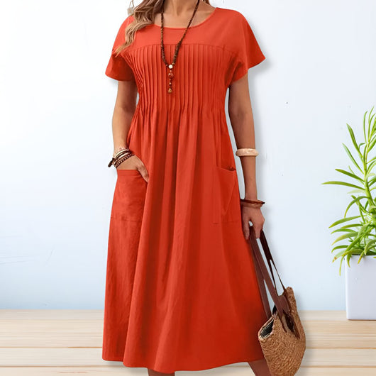 Laura | Dames plissé midi-jurk met korte mouwen