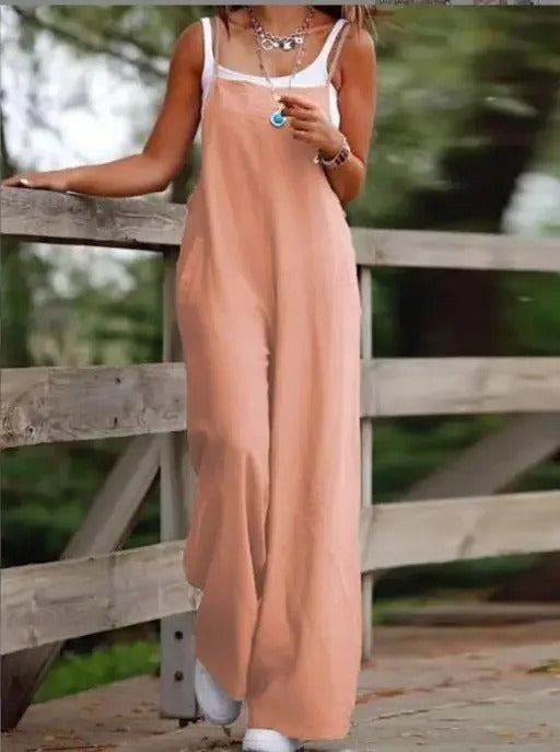 Elfriede | Linnen dames tuinbroekjumpsuit met wijde pijpen en bandjes