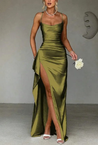 Mia | Dames satijnen bodycon maxijurk met sweetheart-hals, drapering en split