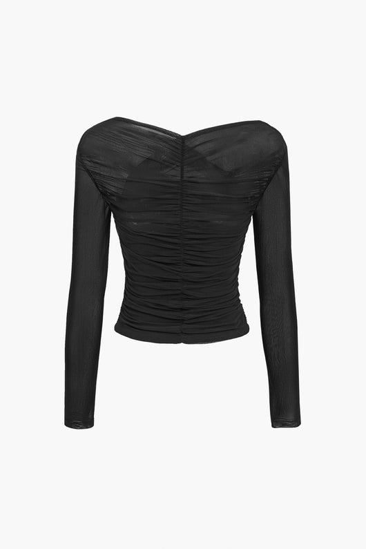 Susanne | Dames meshtop met ruches en lange mouwen