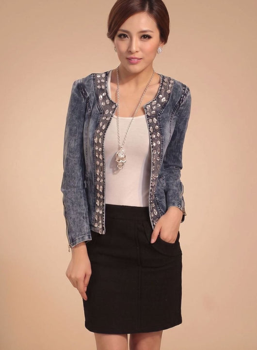 Lena | Korte blauwe dames spijkerjas met strass