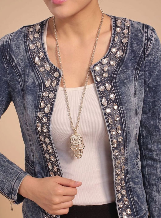 Lena | Korte blauwe dames spijkerjas met strass