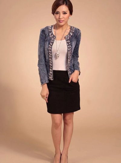 Lena | Korte blauwe dames spijkerjas met strass