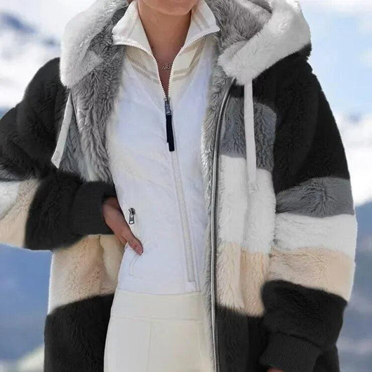 Franziska | Dames winterjas met colorblock-dessin en capuchon