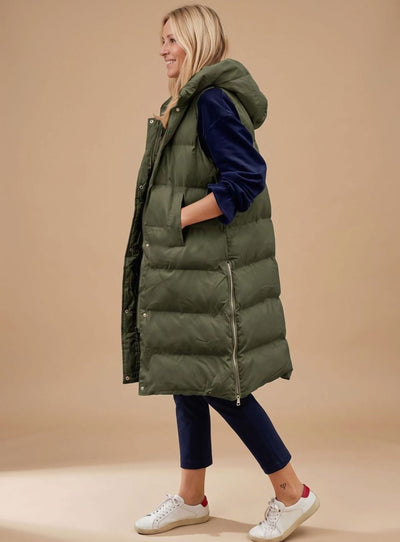 Elfriede | Lange gewatteerde dames bodywarmer met capuchon